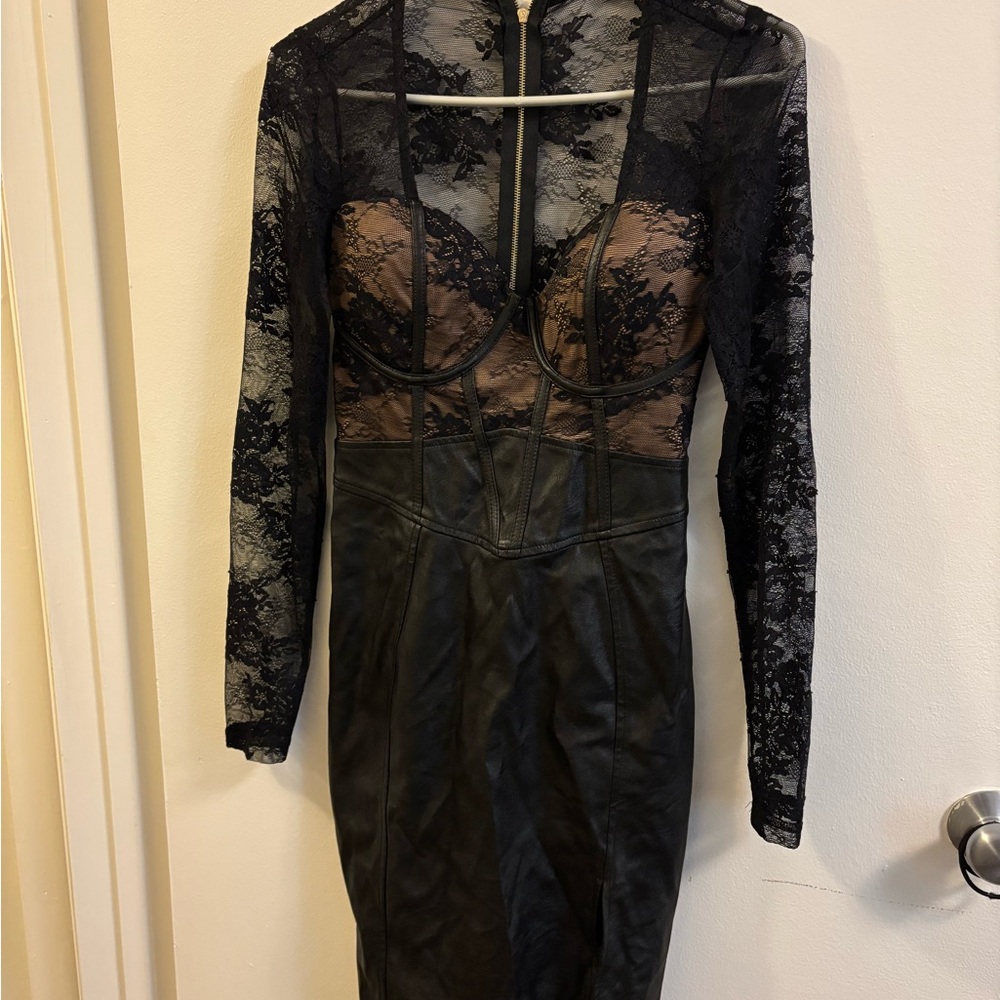 Fashion Nova Black and Tan Bodycon Dress with Plunge Neckline